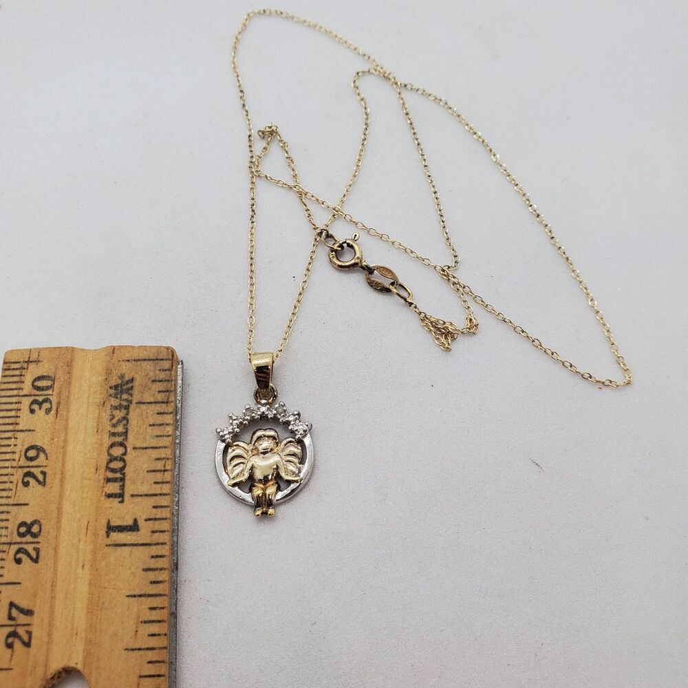 18" Gold Plated Sterling Silver with Diamonds Angel Necklace 925 RJ